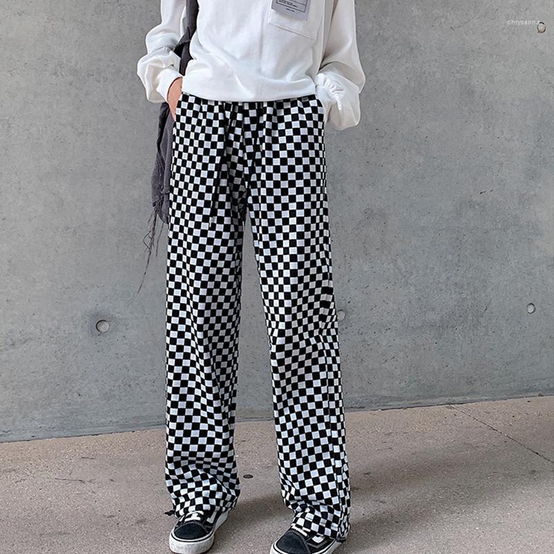 

Women's Pants All-match Plaid Wide Leg Women Trousers Casual Fashion Loose Stright Drawstring Basic Spring Autumn, Black