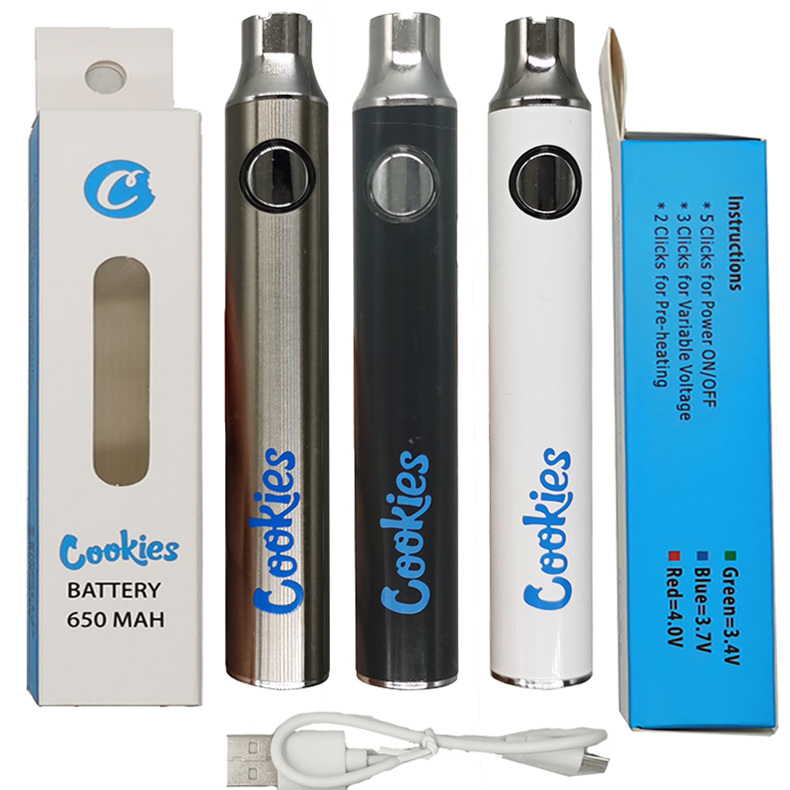 

Cookies Vape Battery Preheating 510 Thread Vapes Pen Batteries E Cigarettes Starter Kits Rechargeable 650mAh Adjustable Voltage Vaporizer Pens USB Charger