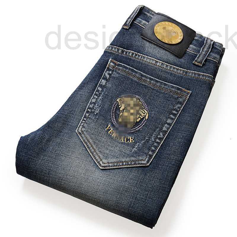 

Men's Jeans Designer Spring autumn men jeans trend small straight slim stretch casual blue embroidered trousers AD8U, Deep blue