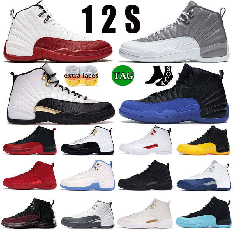 

Top Quality 12 12s Men Basketball Shoes Cherry Jumpman XII Black Taxi Stealth Muslin Hyper Royal Playoffs Flu Game University Gold Mens Trainers Sports Sneakers, 25