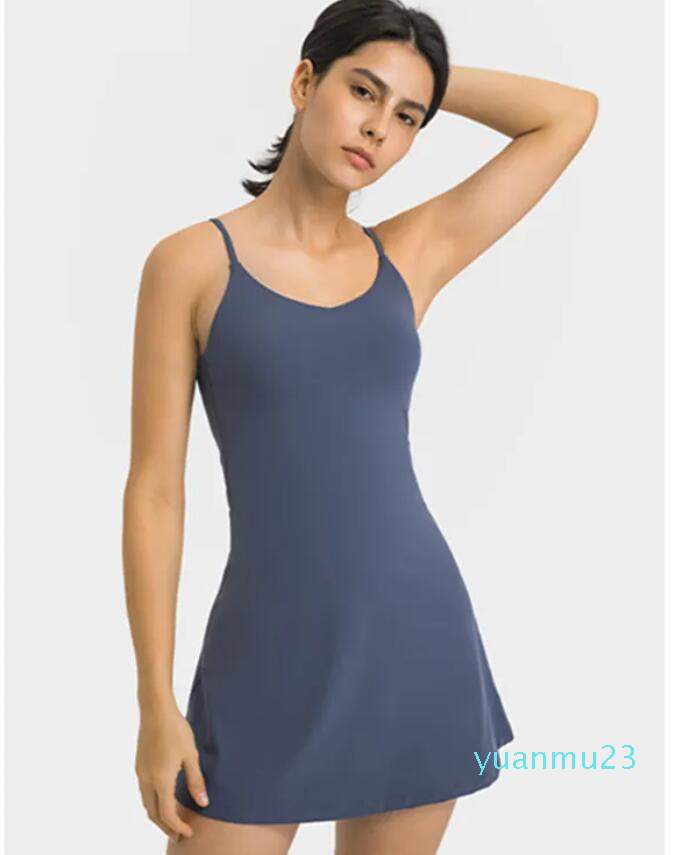 

LL Womens Tennis Dress Align Yoga Outfit Exercise Chest Pad Inside Dresses Golf Gym Slip Fitness Women Tennis Dress 055, Black