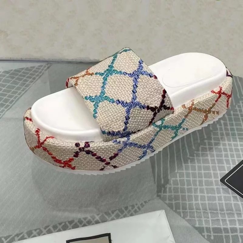 

Platform High Quality Brand Designer slippers Thick Retro Embroidered Canvas Plus Size Slipper Beach Outdoor Indoor Sandals Mules fashion Summer Girls shoes, 14