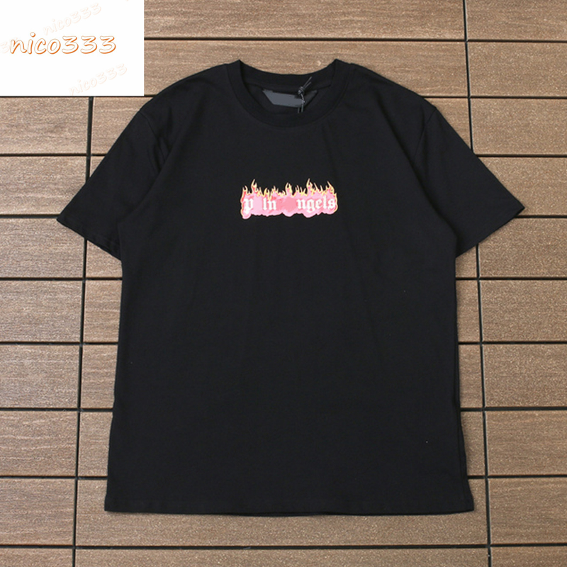 

23ss New t shirt flame letters cotton pattern print beige black round neck loose and versatile personality street men women, #02