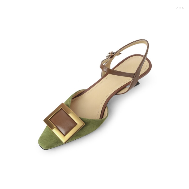 

Dress Shoes 2023 Women Genuine Leather Shallow Mouth Square Button Thick Heel Cool Slippers Baotou Half, Green