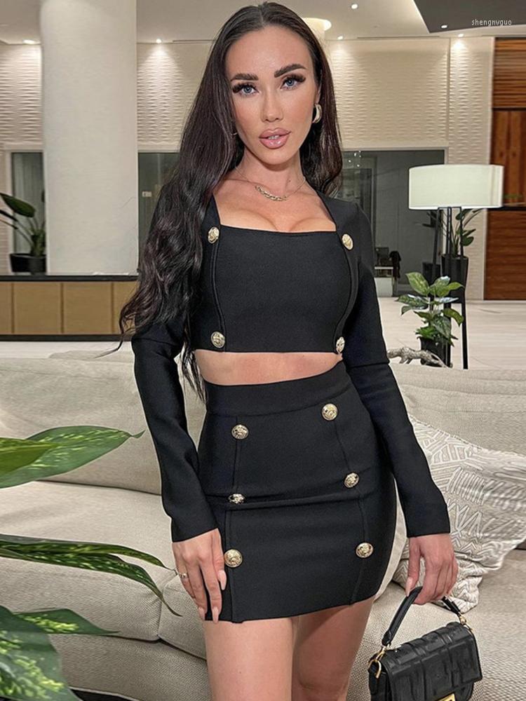 

Two Piece Dress BEVENCCEL Sexy In Summer Women'S Tights Two-Piece Black Long-Sleeved Gold Button Mini Hip Skirt Set 2023