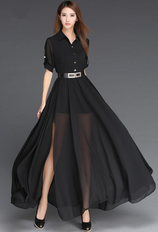 Casual Dresses Sundress Chiffon 2023 Black And White Long Dress Korea Style Fashion Robe Femme Side Slit Maxi Women With Belt VestidosCasual-image-853912285