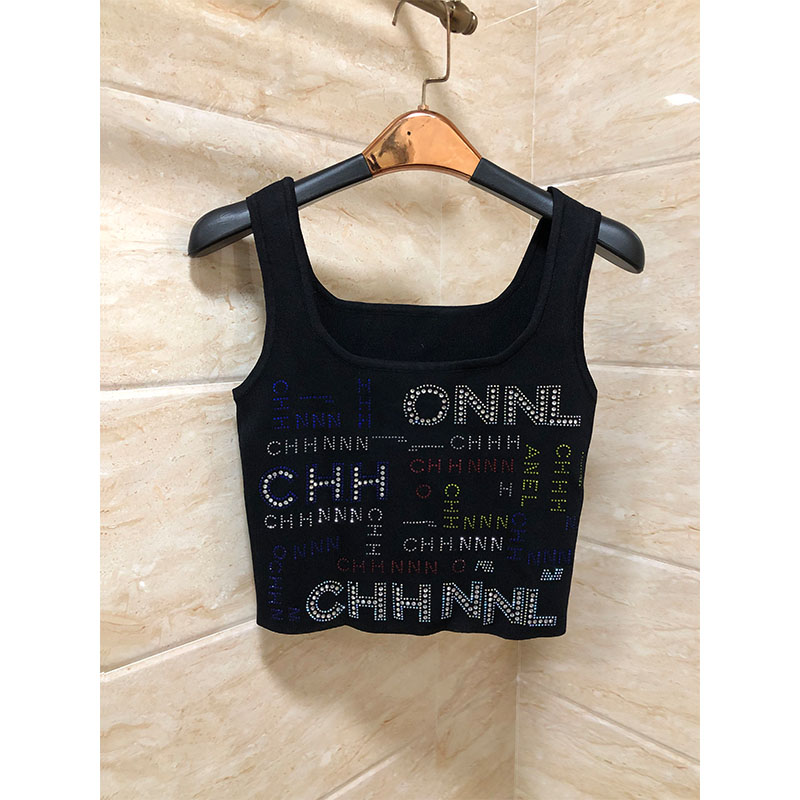 

Luxury Women's Tanks Fashion 2023 Summer Women's Knits Strap Sleeveless Vest Designer Sequin Embroidery U-neck Casual Crop Tops, Black