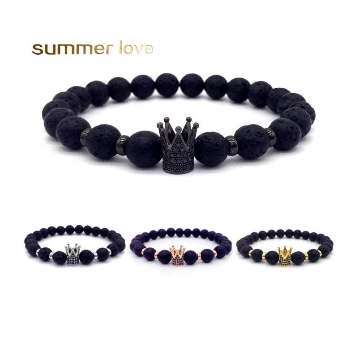 

Beaded Strands Fashion Microinserts Crown Charm Lava Beaded Bracelet Women Men Chakra Healing Ncing Natural Stone 8Mm Beads Bracel3500568