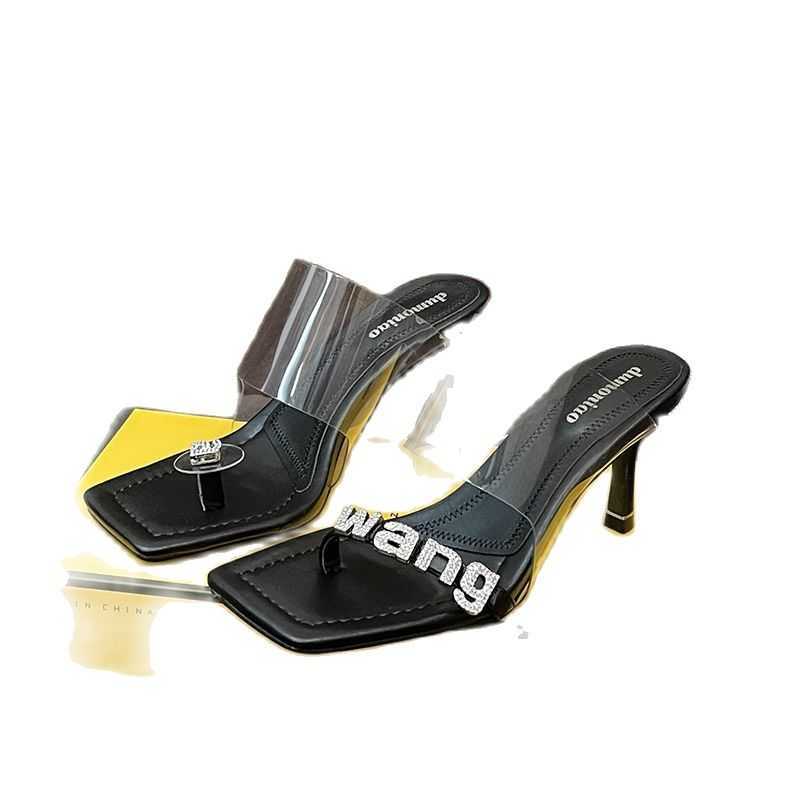 

Dress Shoes LMCAVASUN 23 new summer square head rhinestone letter buckle transparent wang pinch sandals women's brand high heel stiletto 7CM G230325, Black