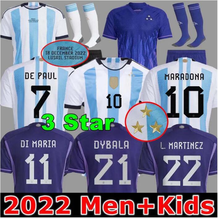 

3 Star 2022 Argentina soccer Jersey fans player version DYBALA AGUERO MARADONA DI MARIA J. ALVAREZ champions goalkeeper pre-match Men Kids kit socks football shirt top, 2022 home final