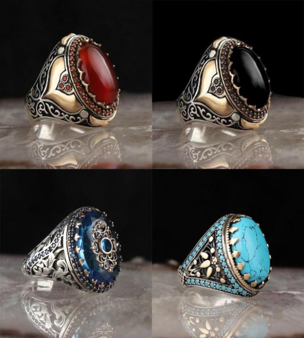 

Wedding Rings Vintage Handmade Carved Turkish Signet For Men Inlaid Red Black Zircon Stone Trendy Islamic Religious Muslim Jewelry2601450