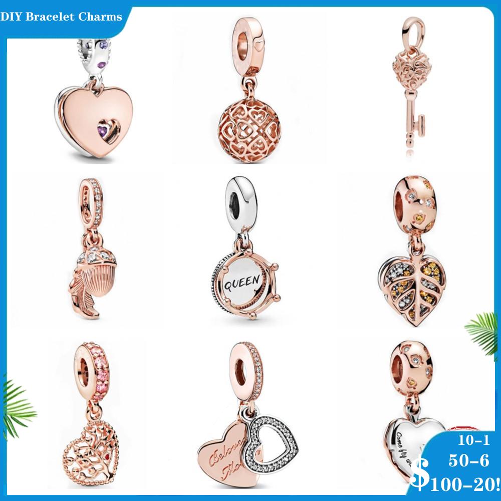 

925 siver beads charms for pandora charm bracelets designer for women Heart key Beads Dangle Charm Rose Gold
