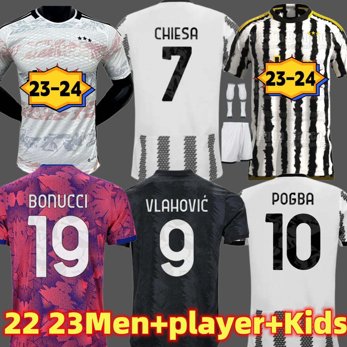 

22 23 24 soccer jerseys VLAHOVIC CHIESA MILIK 2023 2024 jUveNtuS POGBA BONUCCI DI MARIA Kean Kostic Fagioli Danilo uniform socks football shirts men kids set kit, Away