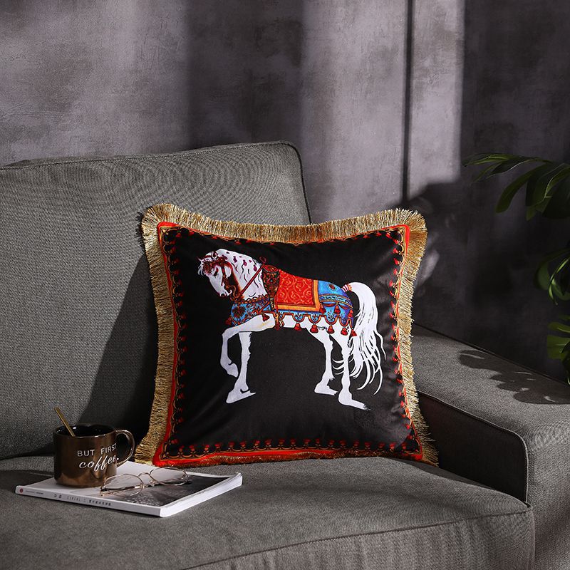 

New Brand European Luxury Velvet Tassel Pillowcase Horse Carriage Double Sides Print Luxurious Cushion Cover Ultra Soft Sofa Throw Pillows, Multi-color