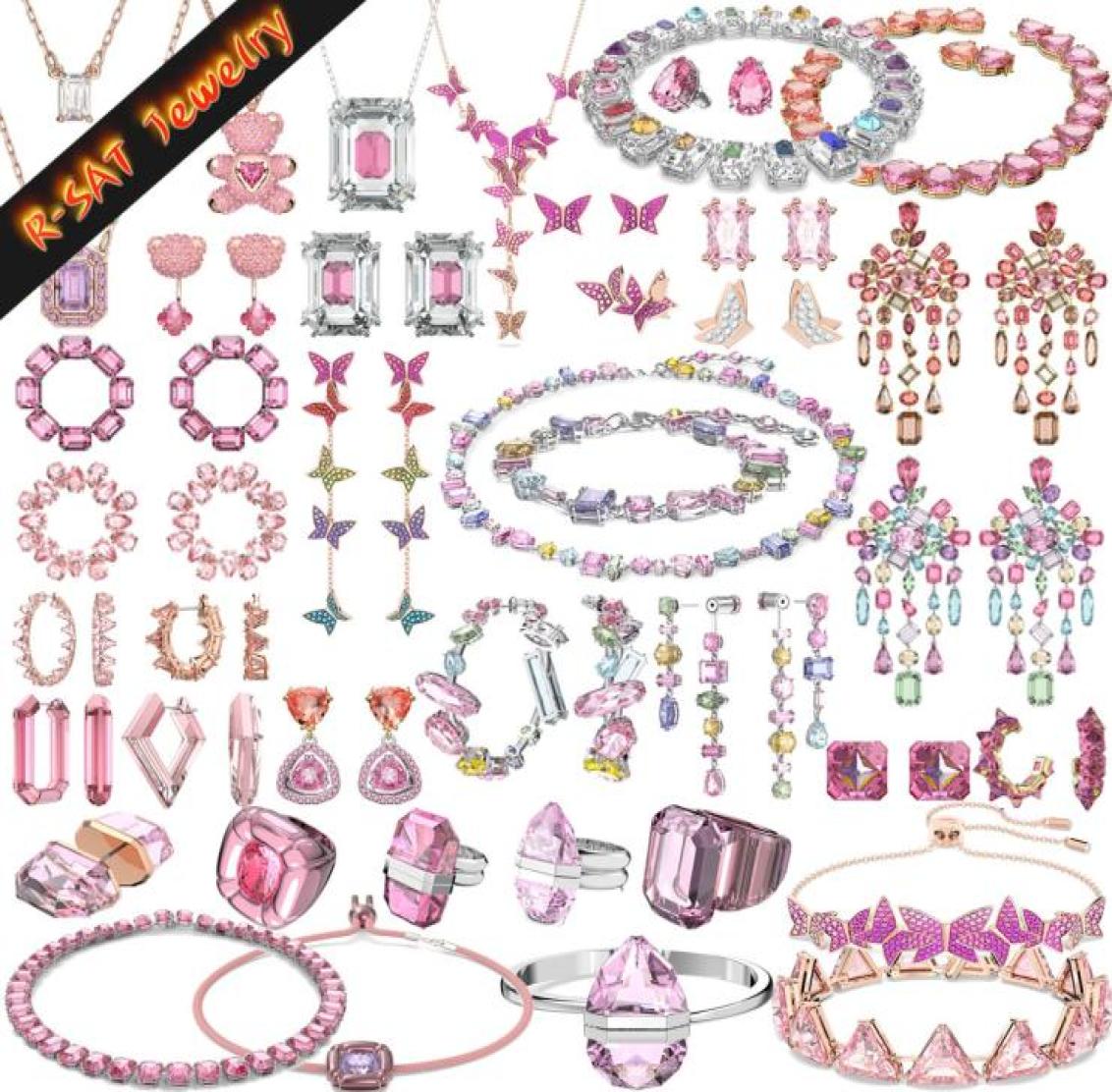 

Pendant Necklaces SWA Original Novelty 2023 Trend Fashion Pink Charm Set Jewelry Edge Earrings Necklace Bracelet Ring Christm4824582