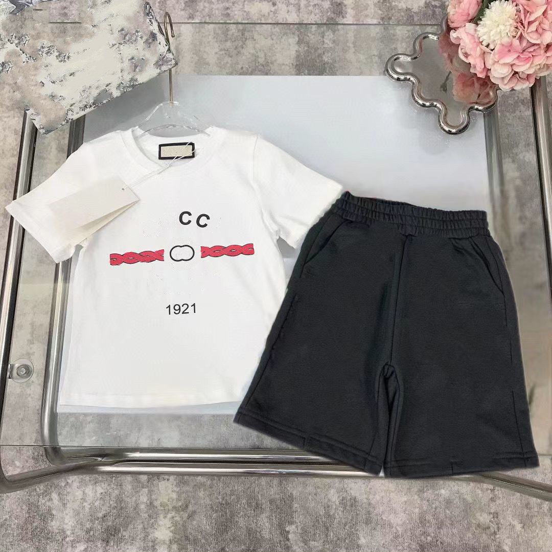 

In stock 2-12 Years Designer Kids Clothing Sets T-Shirt Pants Set Brand printing Children 2 Piece pure cotton Clothing baby Boys girl Fashion Appare, White