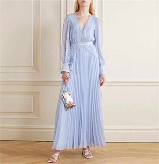 

High Quality Self Portrait Dress Women Summer Elegant Ruffles Vneck Lantern Sleeve Lace Long Party es 2106038472879, Contrast color