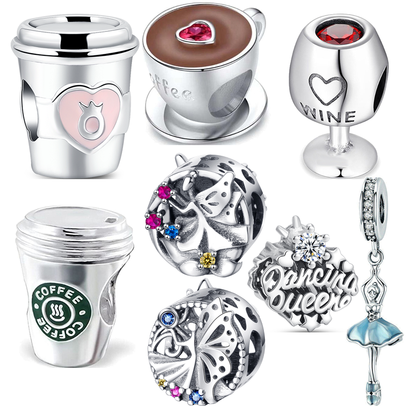 

New Original 925 Silver Dancing Queen Wine Coffee Cup Beads Fit Pandora Charms Silver 925 Bracelet Accessories Women DIY Jewelry