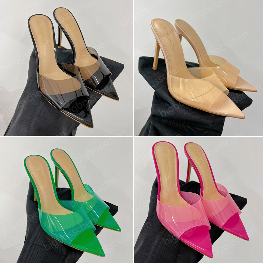 

gianvito rossi slippers ladies sandals designer fashion luxury high heels PVC pointed crystal 10cm summer outdoor formal dress office wedding shoes 35-42 with box, Silver