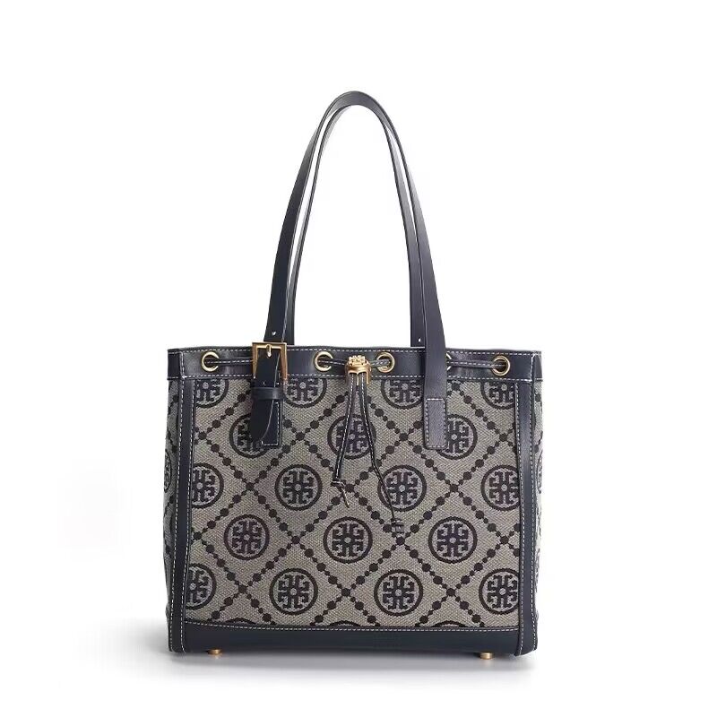 

Women Pu canvas totes large geometric pattern string lock handbag, Black