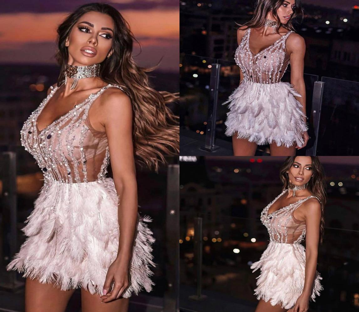 

Sexy Short Feather Cocktail Dresses 2020 Beaded V Neck Prom Dress Evening Gowns Yousef aljasmi Party Occasion Dress3865488, Lavender