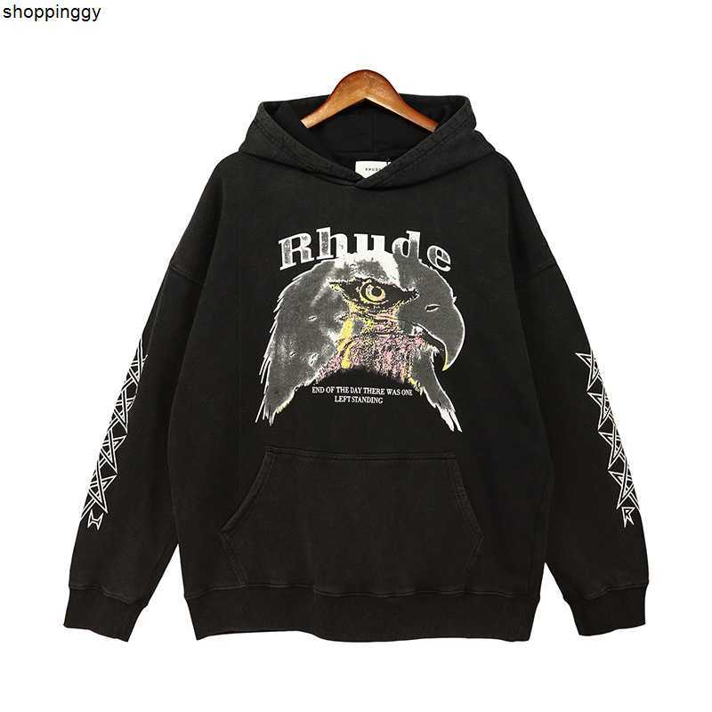 

Hoodies Sweatshirts Washed Rhude Woman Black Clothing Sleeve Star Printing Eagle Pattern Oversized Casual Autumn Winter