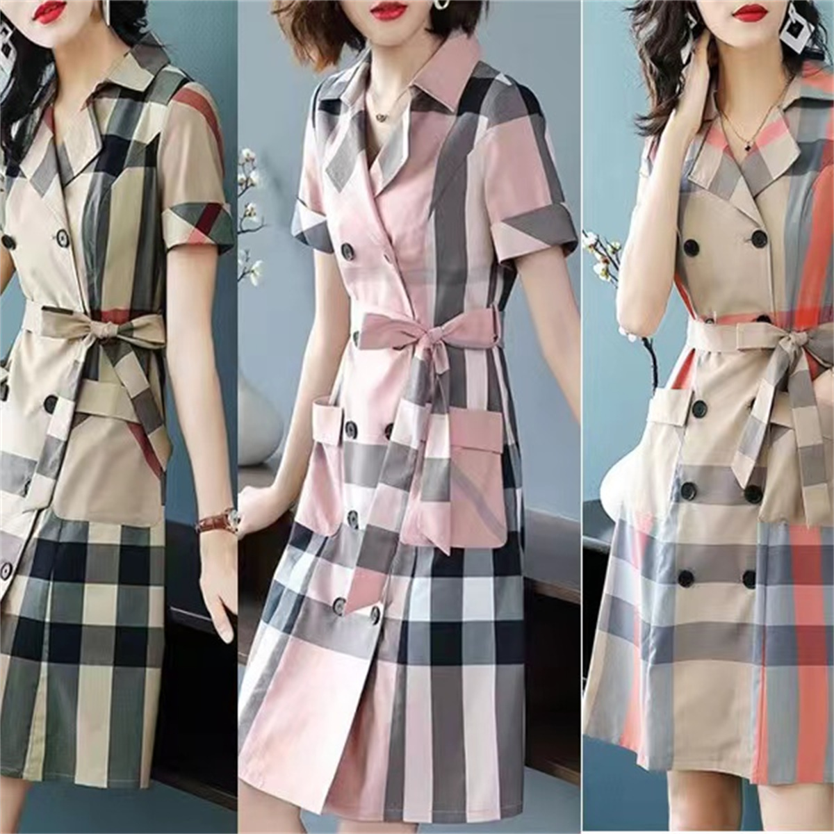 

Elegant Short Sleeve Midi Belt Shirt Dress For Ladies Single Button Printed Cardigan Dresses Designer Runway Fashion Women Casual Office Club Clothing Size M-4Xl, Style 13
