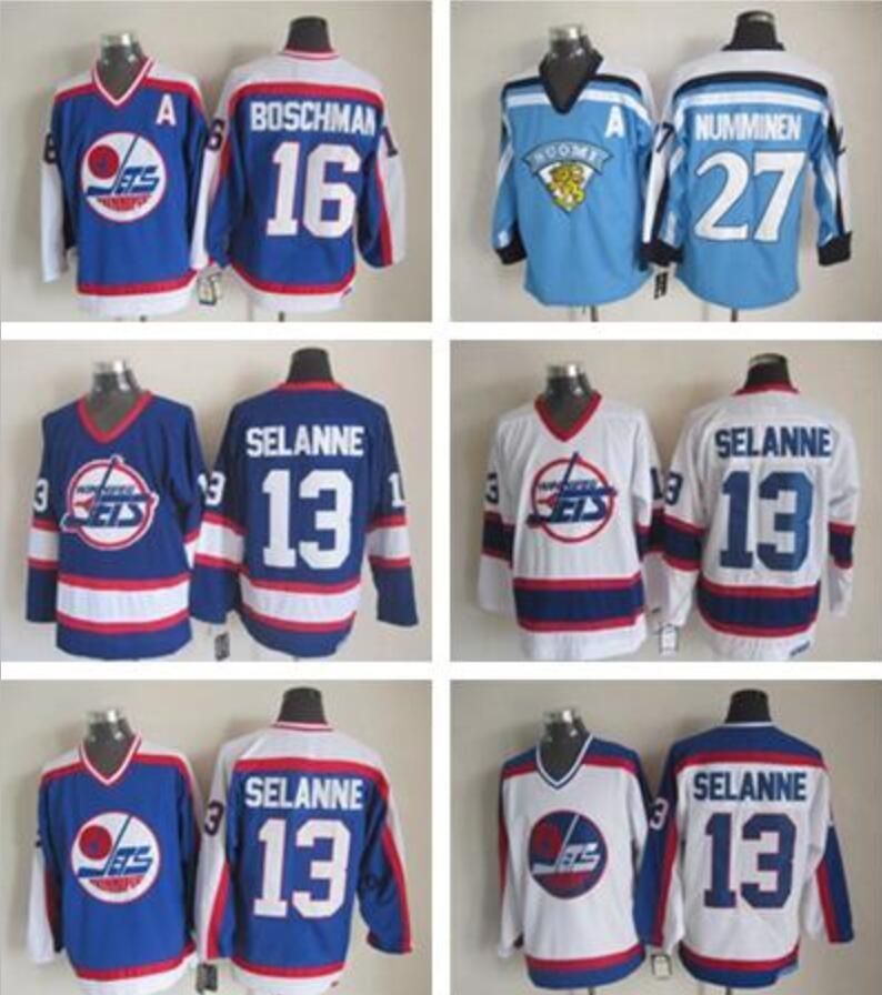 

CUSTOM Hockey 2020 Jersey Men Hockey Vinatge jerweys 13 Teemu Selanne 27 Teppo Numminen 16 Laurie Boschman, #13 selanne blue