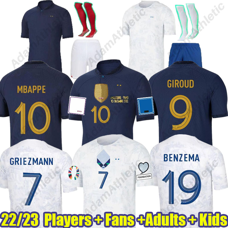

French soccer jerseys 2022 MBAPPE BENZEMA GRIEZMANN French football shirts kids kit player version GIROUD TCHOUAMENI DEMBELE Maillot de francais two stars, 22-23 home