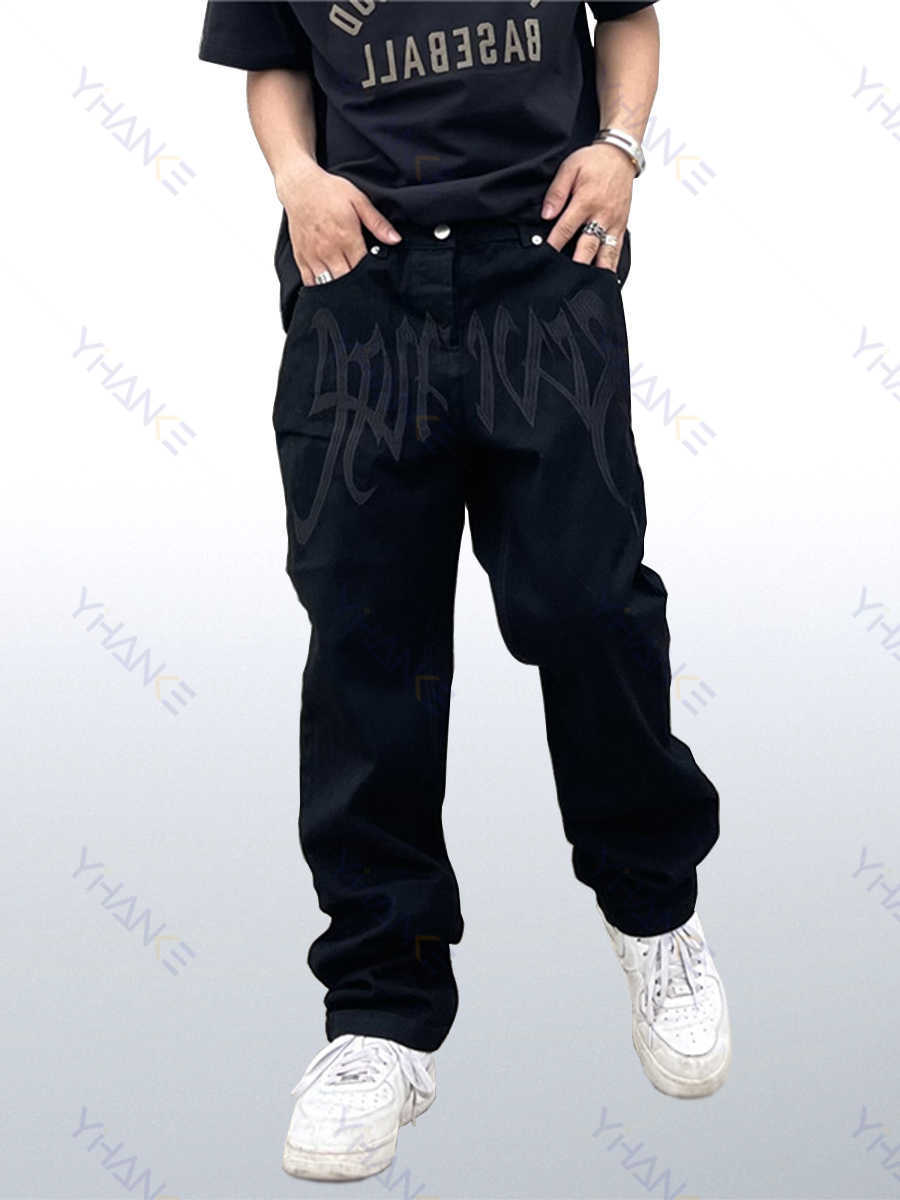 

Men's Jeans Four Seasons Y2k Emo Fashion Black Street Embroidery Low Cut Loose Straight Pants Hip Hop Clothes