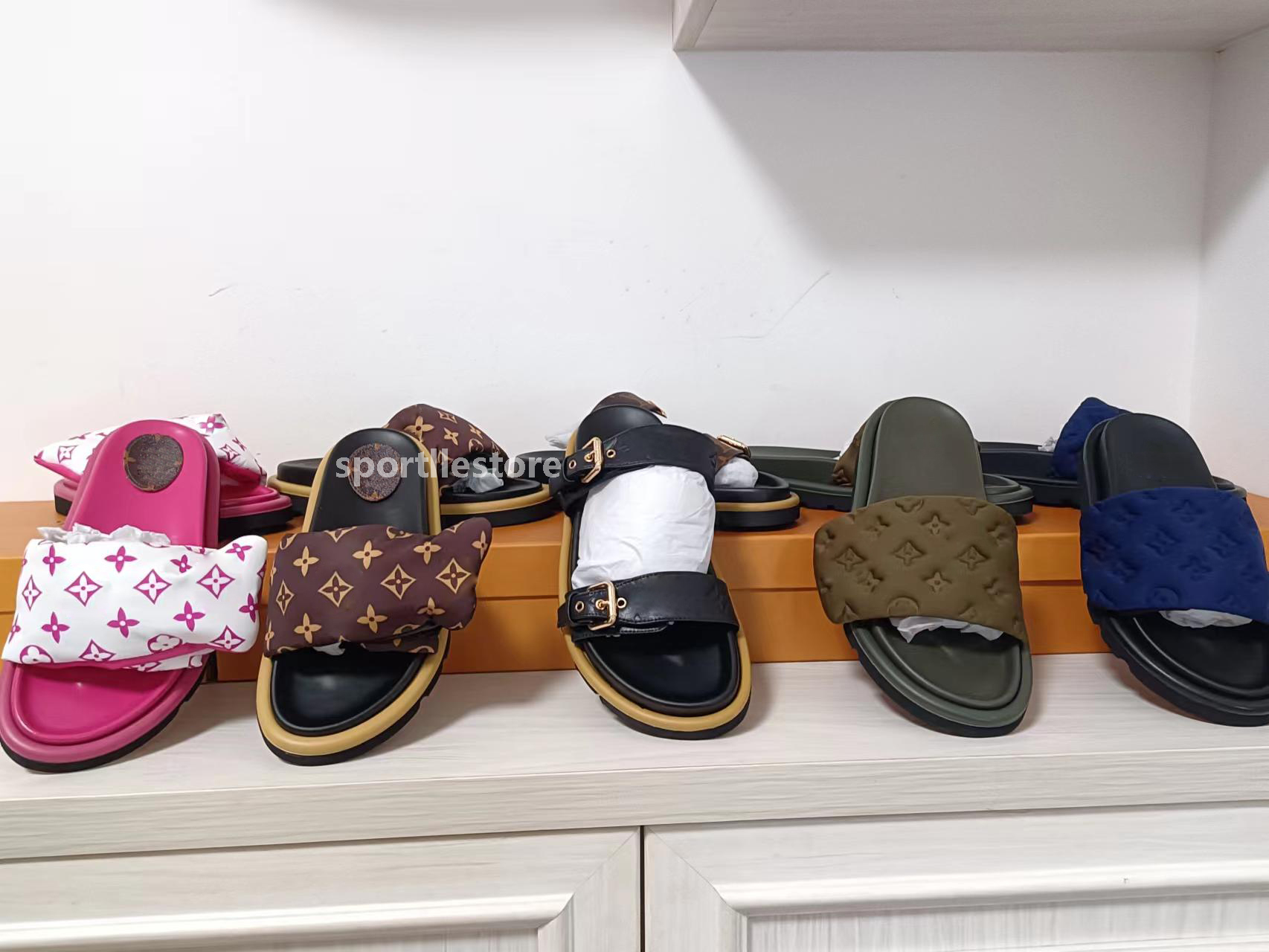 

Women Pool Pillow Comfort Slipper sandals famous designer women Lady Nylon Strap Mule Designer Men Leather Sunset Flat Rubber Outsole Slide Sandal, 13