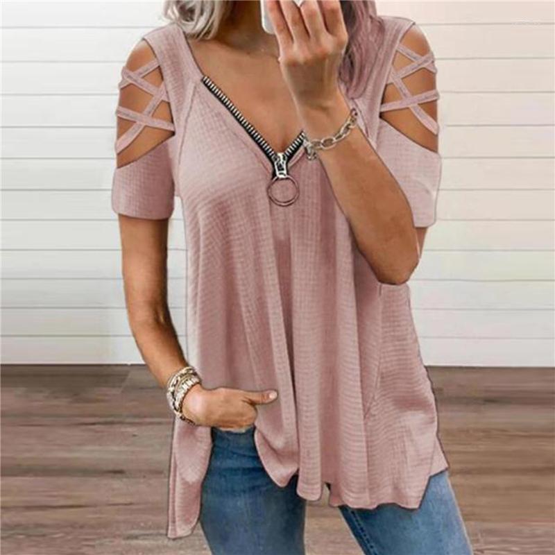 

Women' Polos Sexy Summer Tops Half Sleeve Lady T-Shirt Women Casual Zipper V Neck Loose T Shirt Plus Size Hollow Out Elegant Pullover, White