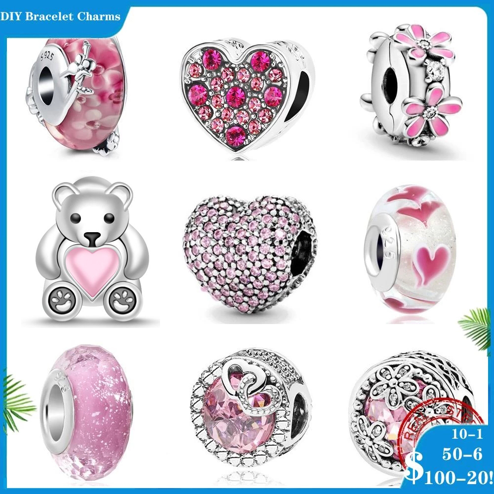

925 siver beads charms for pandora charm bracelets designer for women pink love petal butterfly heart zirconia beads suitable