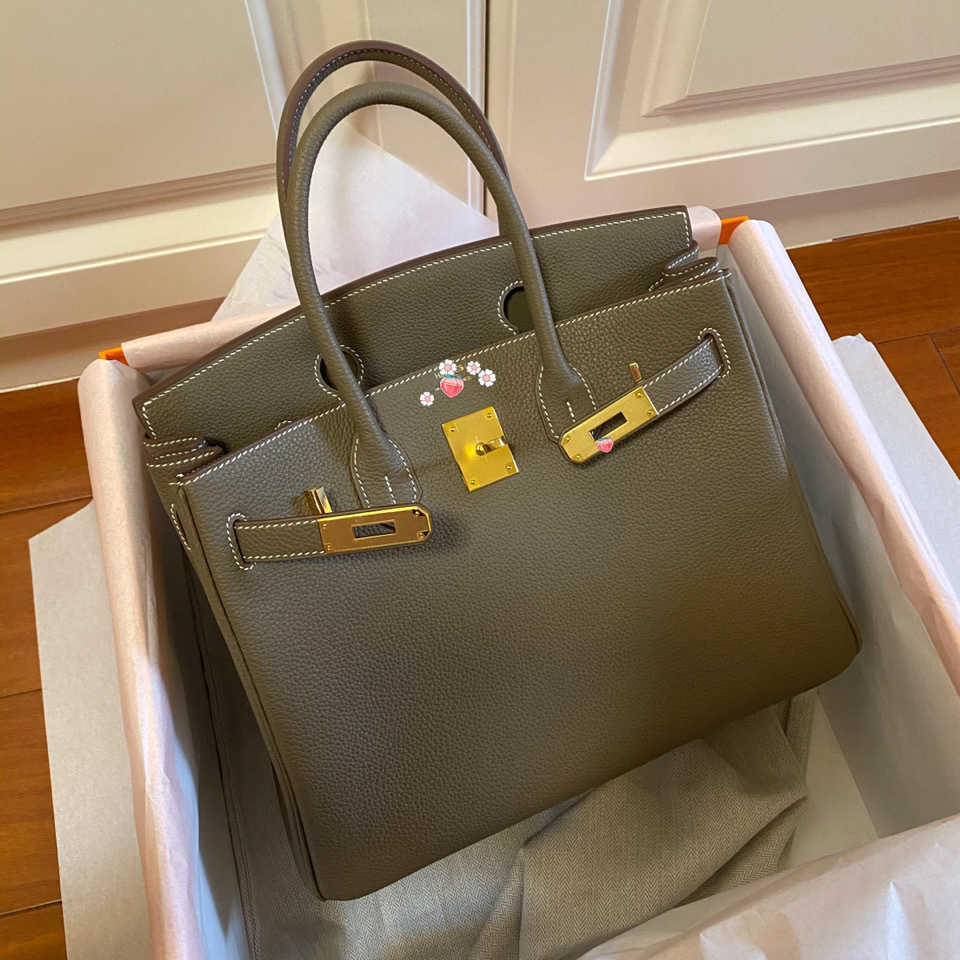 

Genuine H ermes birkins handbag Hand sewn wax thread 25 30 35 elephant grey gold buckle togo leather
