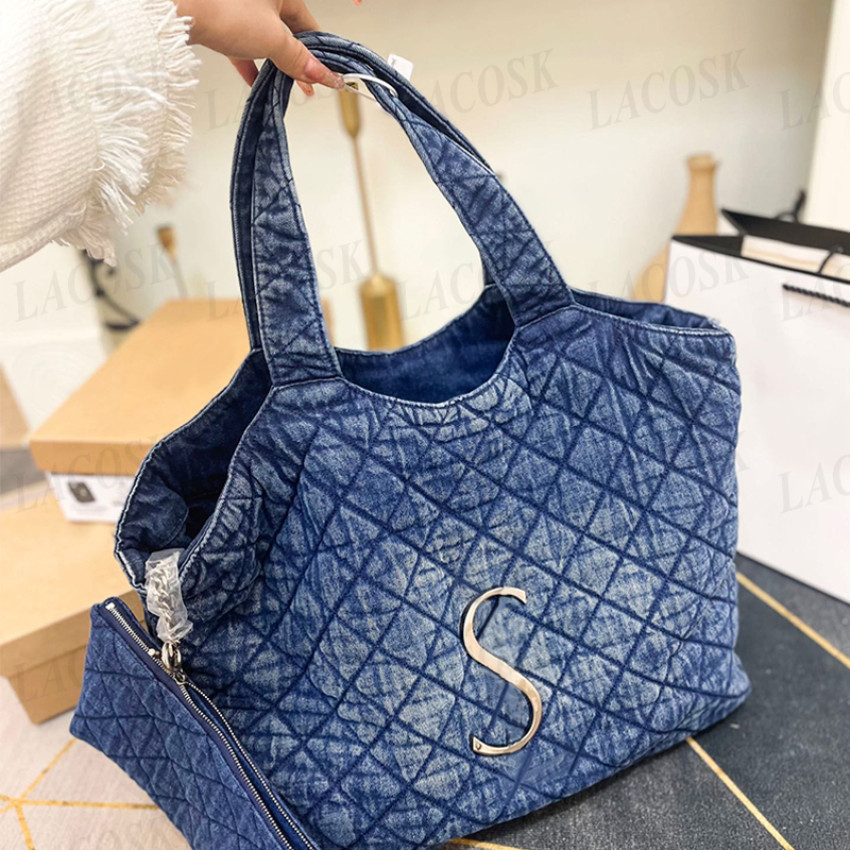 

womens totes large capacity shopping bags denim canvas handbags gold letter supersoft designer shoulder purses, Black