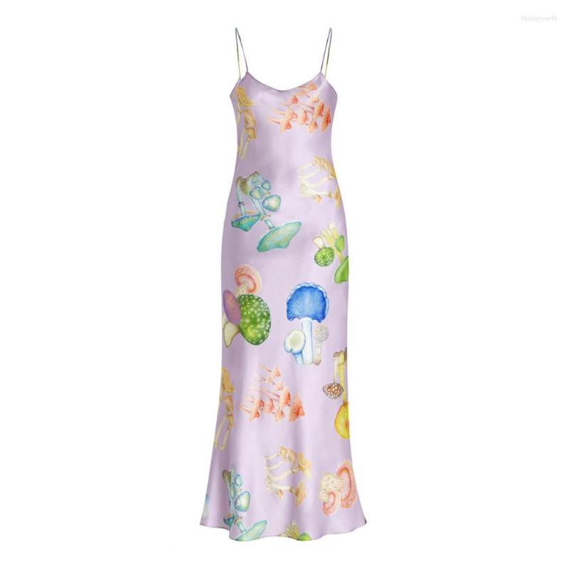 

Casual Dresses Women Mushroom Print Slip Dress Woman Summer Spaghetti Strap V Neck Long Elegant Sleeveless Backless Sling 2023, White