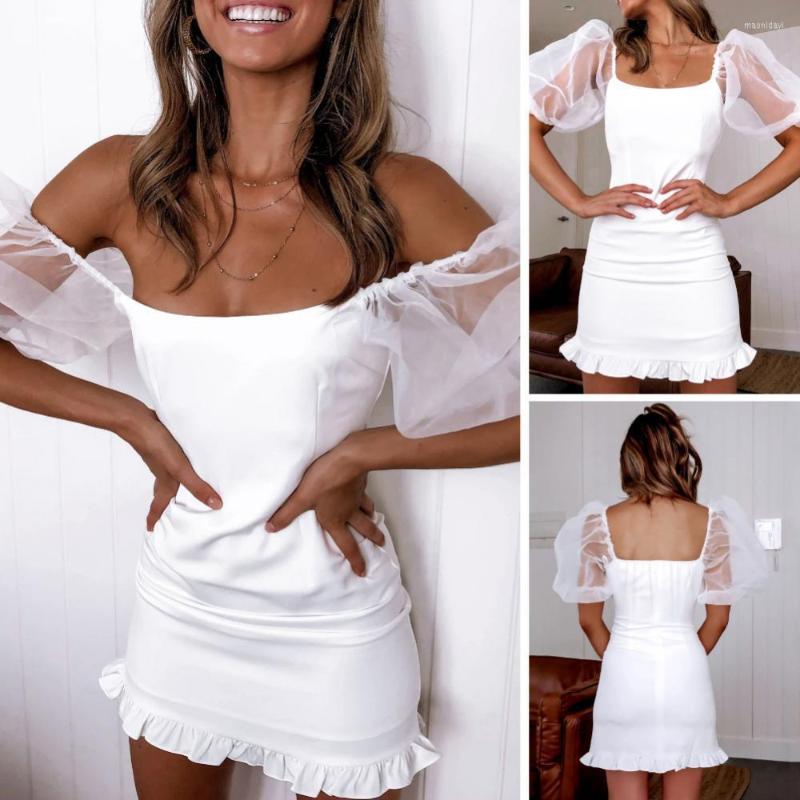 

Casual Dresses Summer Female Robe Square Neck Solid Sexy Mesh Puff Short Sleeve Backless Party Slim Mini Bodycon For Women 2023, White