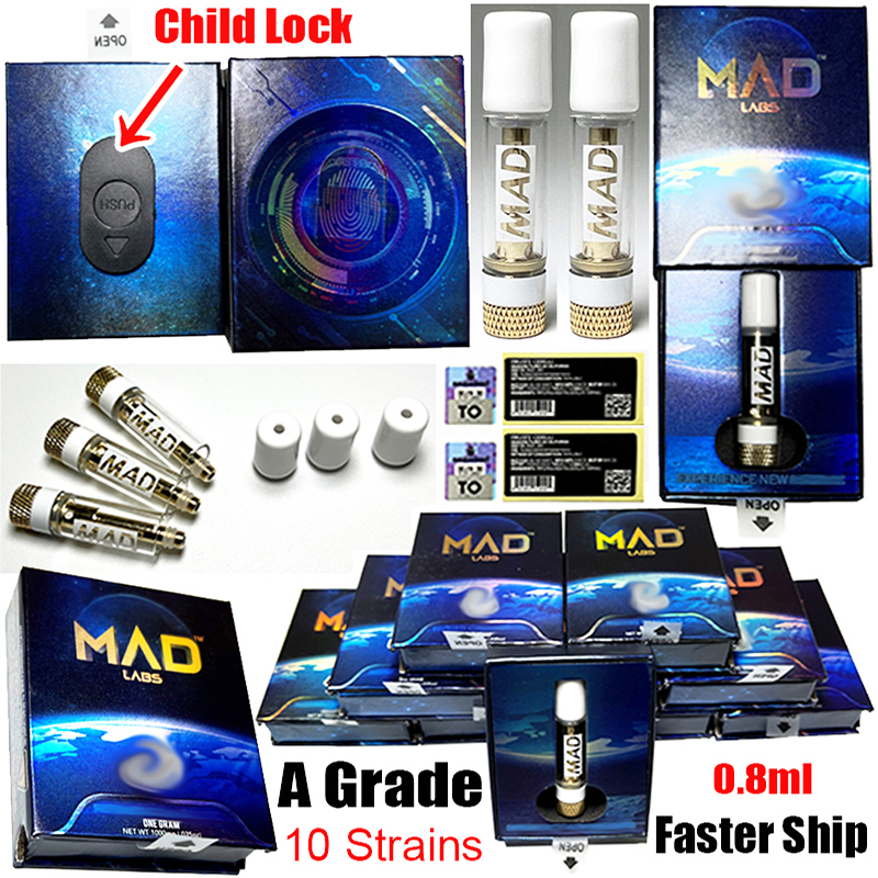 

New Child Lock MAD LABS Vape Cartridges Atomizers 10 Strains White Round Tips Ceramic Coil Oil Carts Wax Vaporizer E Cigarettes Cartridge Packaging Faster Ship