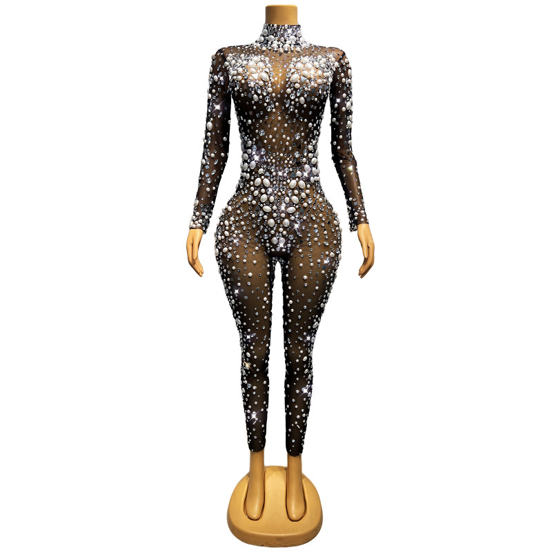 

Sparkly Black Nude Pearl Rhinestones Mesh Jumpsuit Stretch Shinny Transparent Crystal Leotard Rompers Sexy Stage Singer Dancer Bar Nightclub Performance Tights