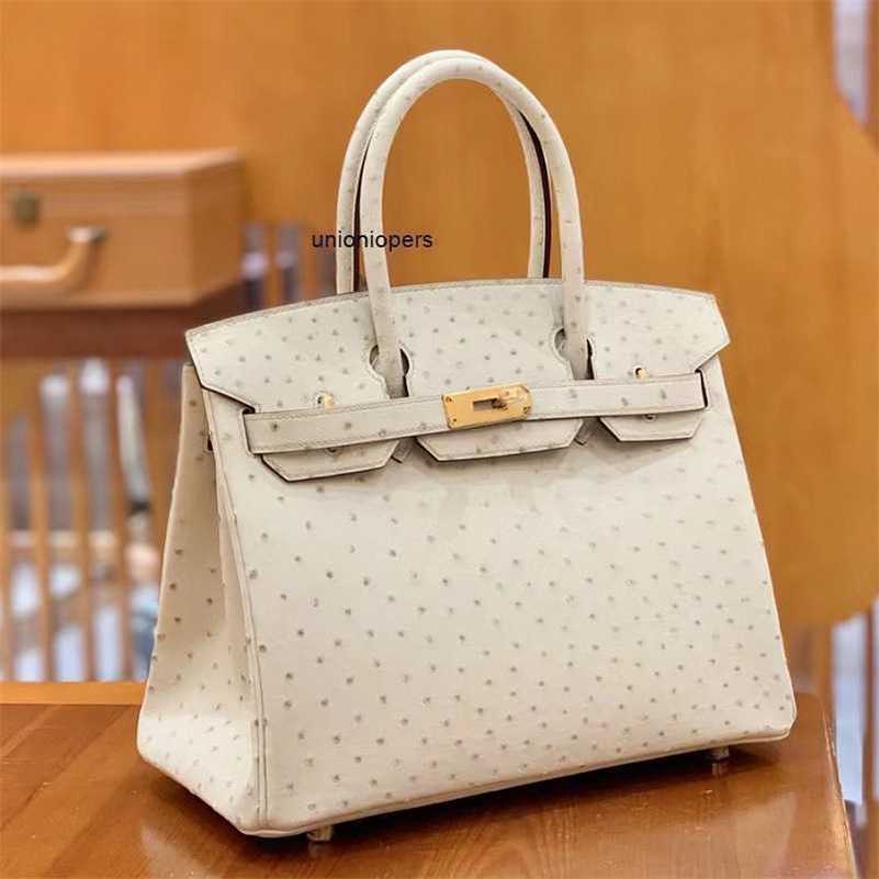

Designers Handbags Birkin Bags Pure Hand Sewing Wax Thread Ostrich Skin Women's Real Leather 30 Handbag Luxury Brand Wool White Large Ayw, Wool platinum buckle