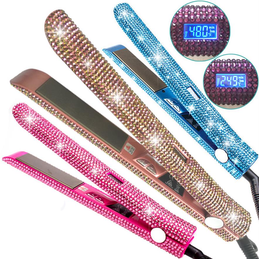 

Crystal Rhinestone Hair Straightener Titanium Plate Flat Iron With LCD Digital Display Woman Hair Care & Styling Tools245n