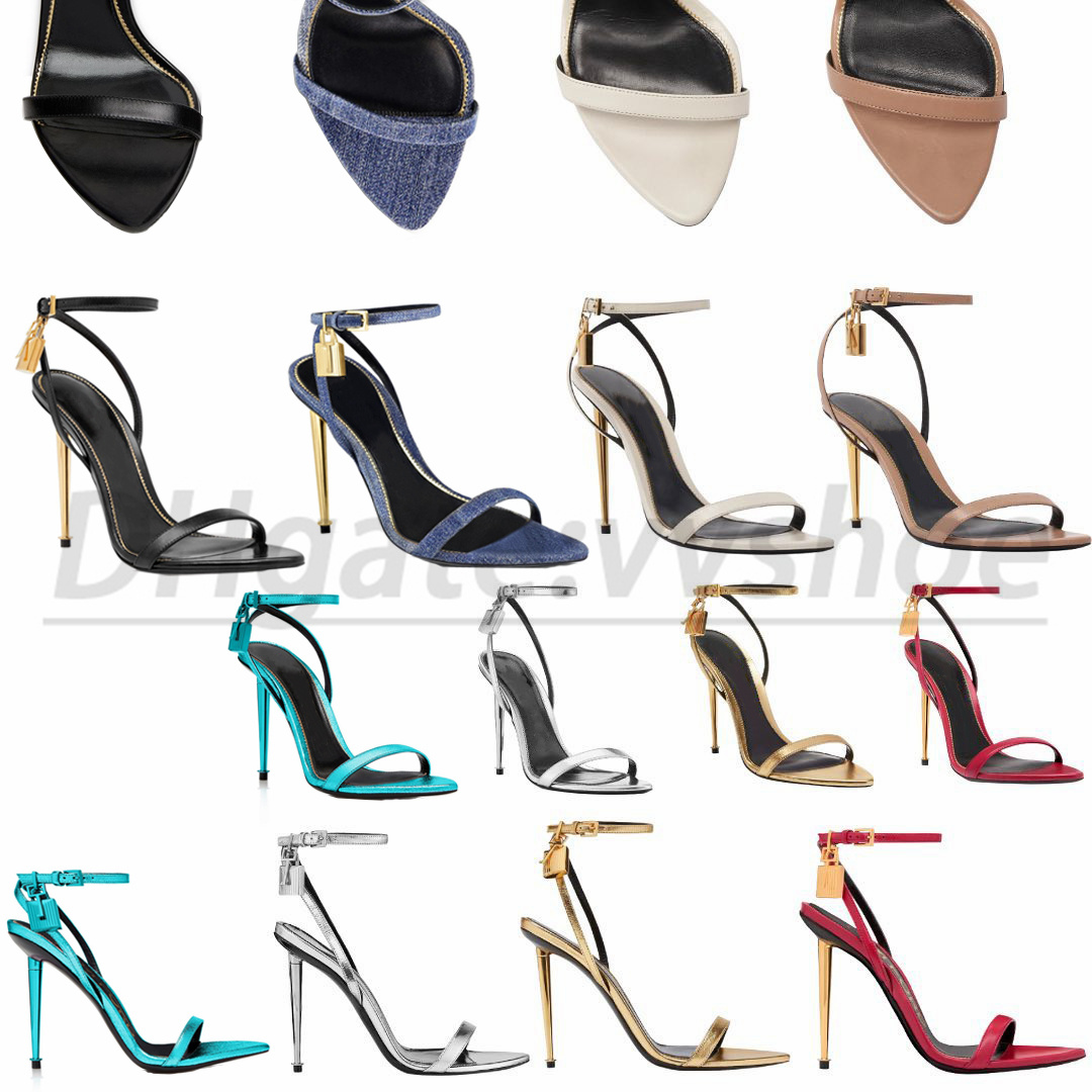 

high heel shoe designer sandal for women shiny luxury leather velvet rivet padlock pointy men naked denim laminated Ankle Strap 10.5CM, #9-rivet