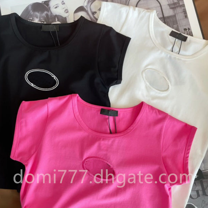 

Fashion Embroidery Women' T-Shirt with Logo Hollow Out Cotton Short Sleeve Black White Pink SML