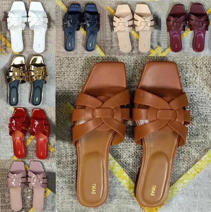 

SL slipper Tribute Flat Leather interwining straps Slide Sandals designer shoes Black white Patent Grey Ivory red Croc Embossed champagne Nappa YS women slippers L, 20 obsidian croc embossed