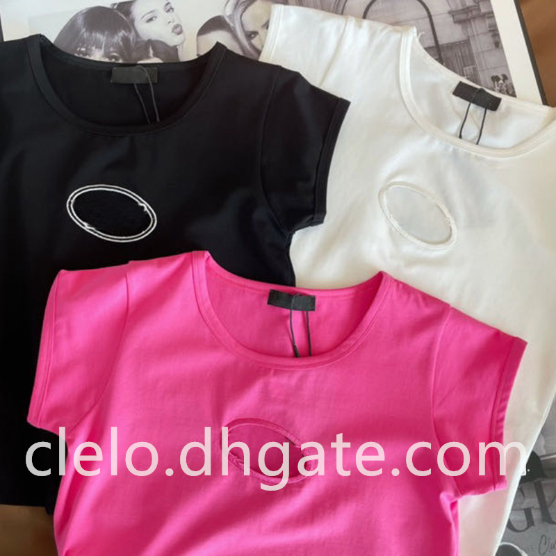 

Fashion Embroidery Women' T-Shirt with Logo Hollow Out Cotton Short Sleeve Black White Pink SML