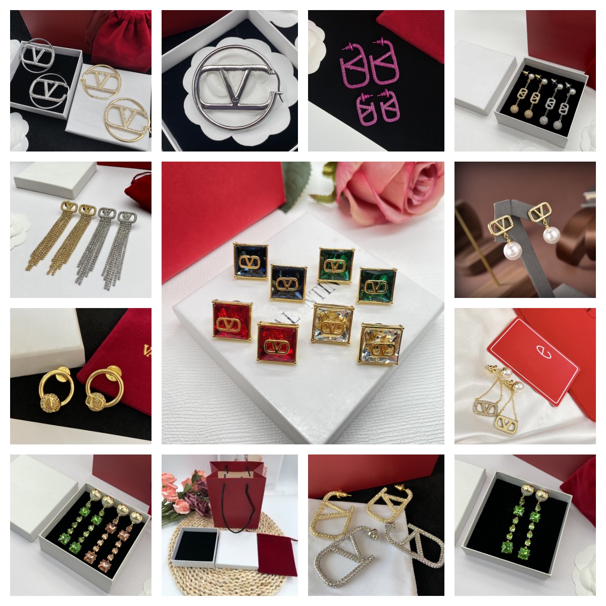 

11Style Luxury Designer Studs Earrings for Women 18K Gold Plated Diamonds Hoop Earrings V Letter Lover Jewelry No Box