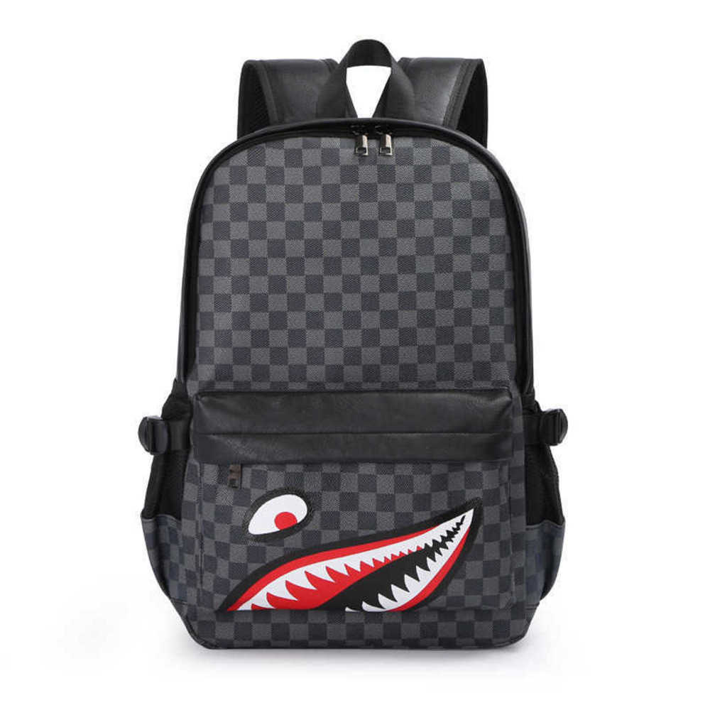 

New Casual Men's Backpack Tidal Cool Shark Travel Backpack Student Schoolbag Fashion Checker Computer Bag Portable 230327, Brown one