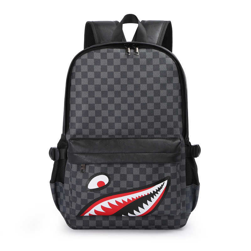 

New Casual Men's Backpack Tidal Cool Shark Travel Backpack Student Schoolbag Fashion Checker Computer Bag Portable 230327, Brown one