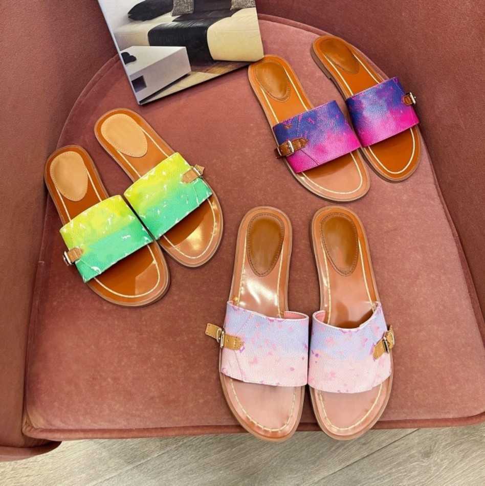 

2023 Sunrise Pastel Slippers for Women's Flat Mules Sandals Gradient Monograms Slides Brand LOCK IT FLAT MULE Lambskin Girls Lady Summer Shoes Beach Pool Flip Flops, Lvd3214