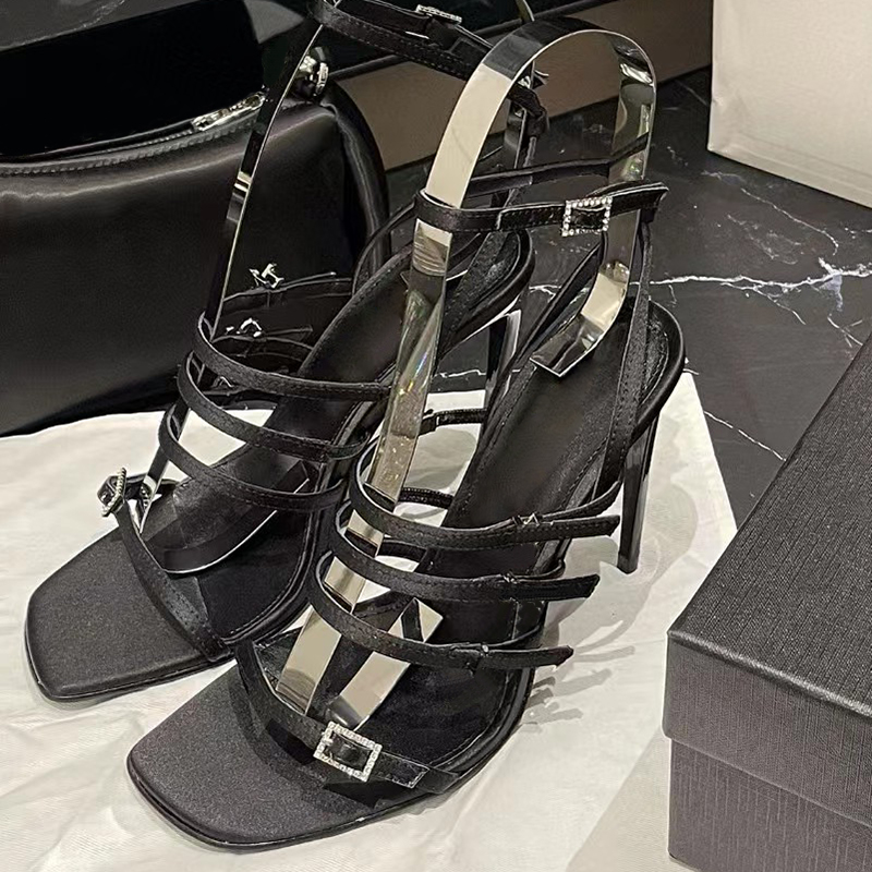 

square toe sandals imitation crystal buckle lace high heel shoes with three lace embellishments crystal letters decorative stiletto dress shoes Designer shoes, Black